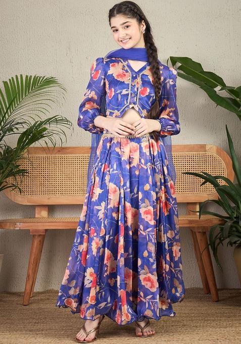 Blue Printed Organza Lehenga Set For Girls — view on Indya