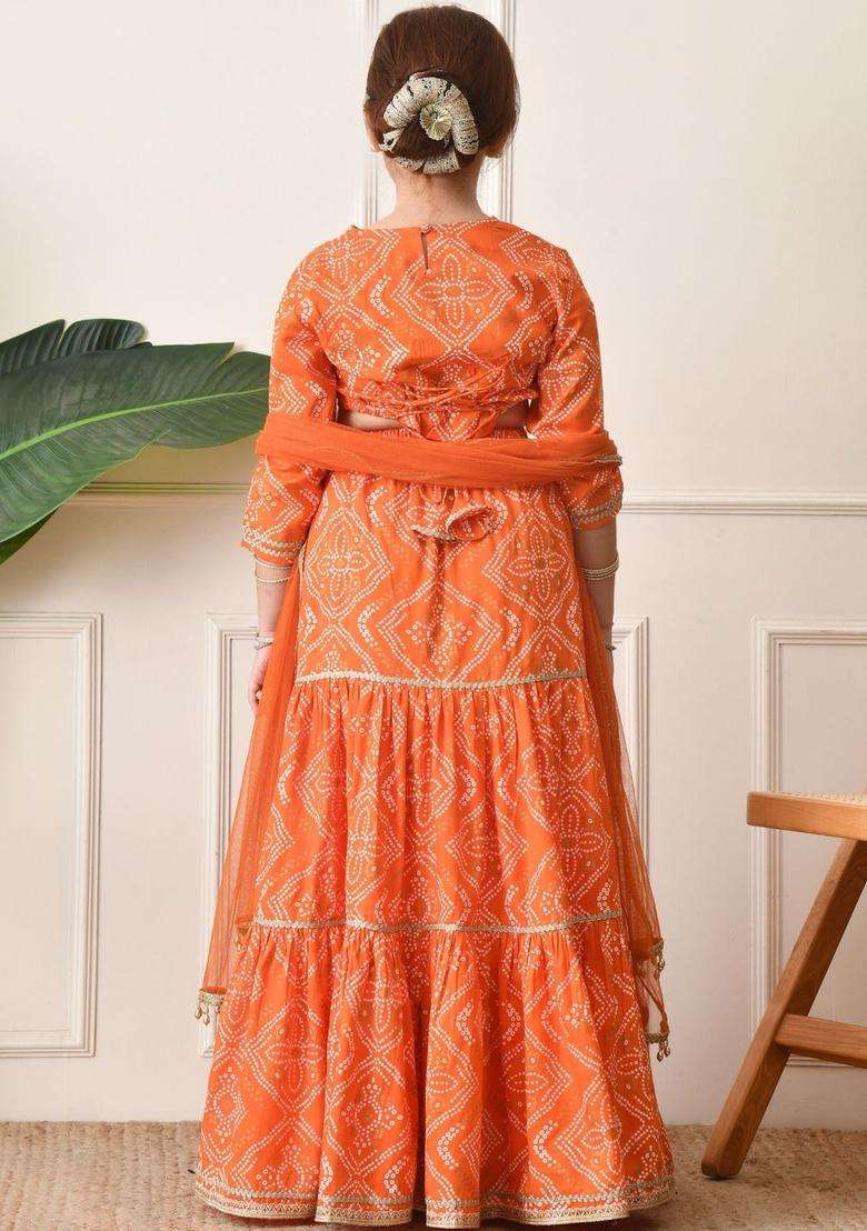 Orange Embroidered Viscose Lehenga Set For Girls - Indya