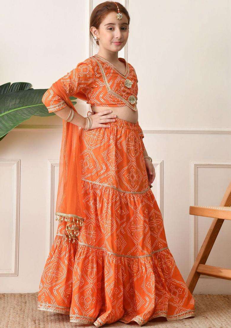 Orange Embroidered Viscose Lehenga Set For Girls - Indya