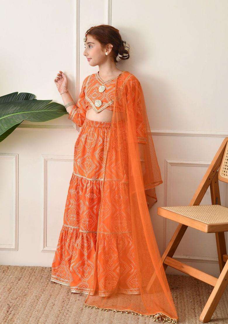 Orange Embroidered Viscose Lehenga Set For Girls - Indya