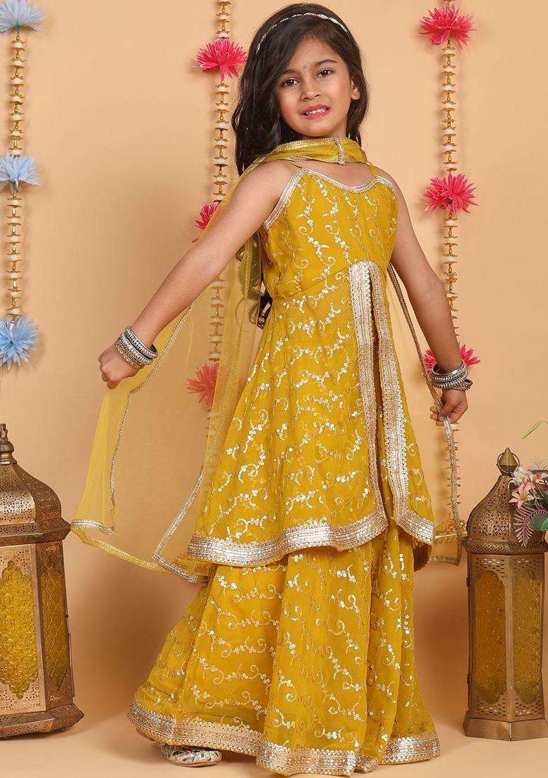 Yellow Embellished Net Lehenga Set For Girls - Indya