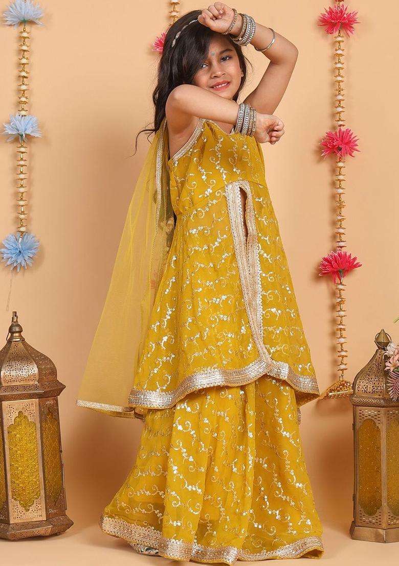 Yellow Embellished Net Lehenga Set For Girls - Indya