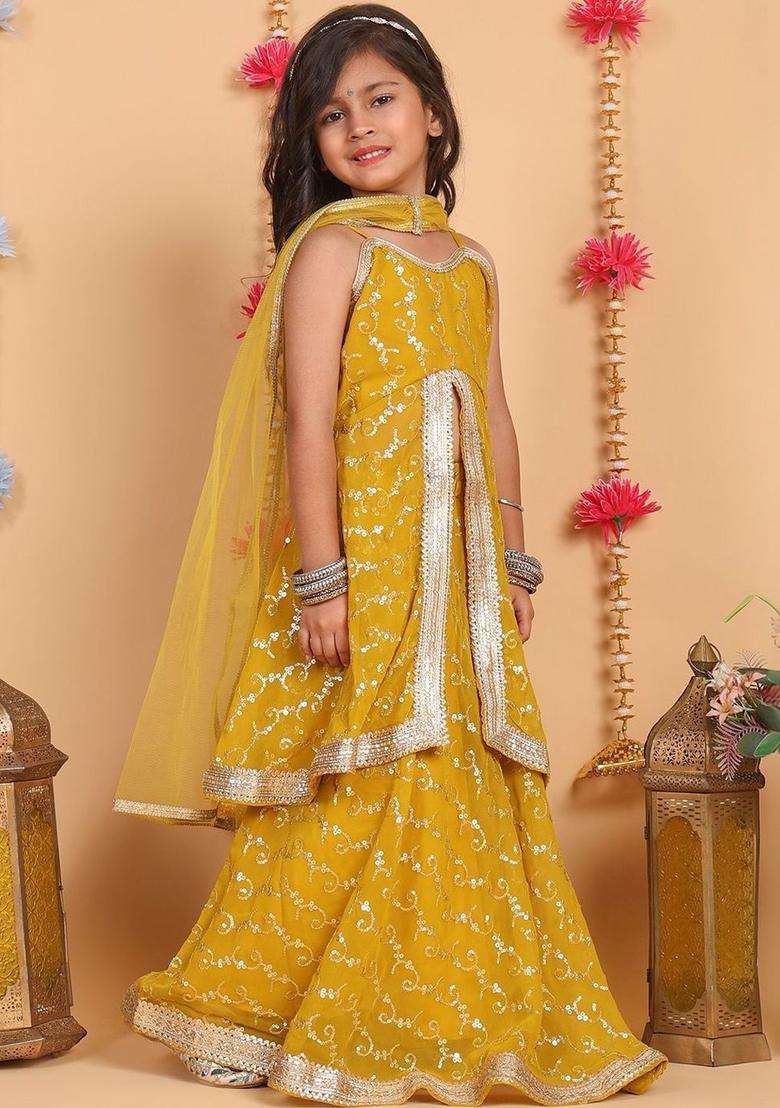 Yellow Embellished Net Lehenga Set For Girls - Indya