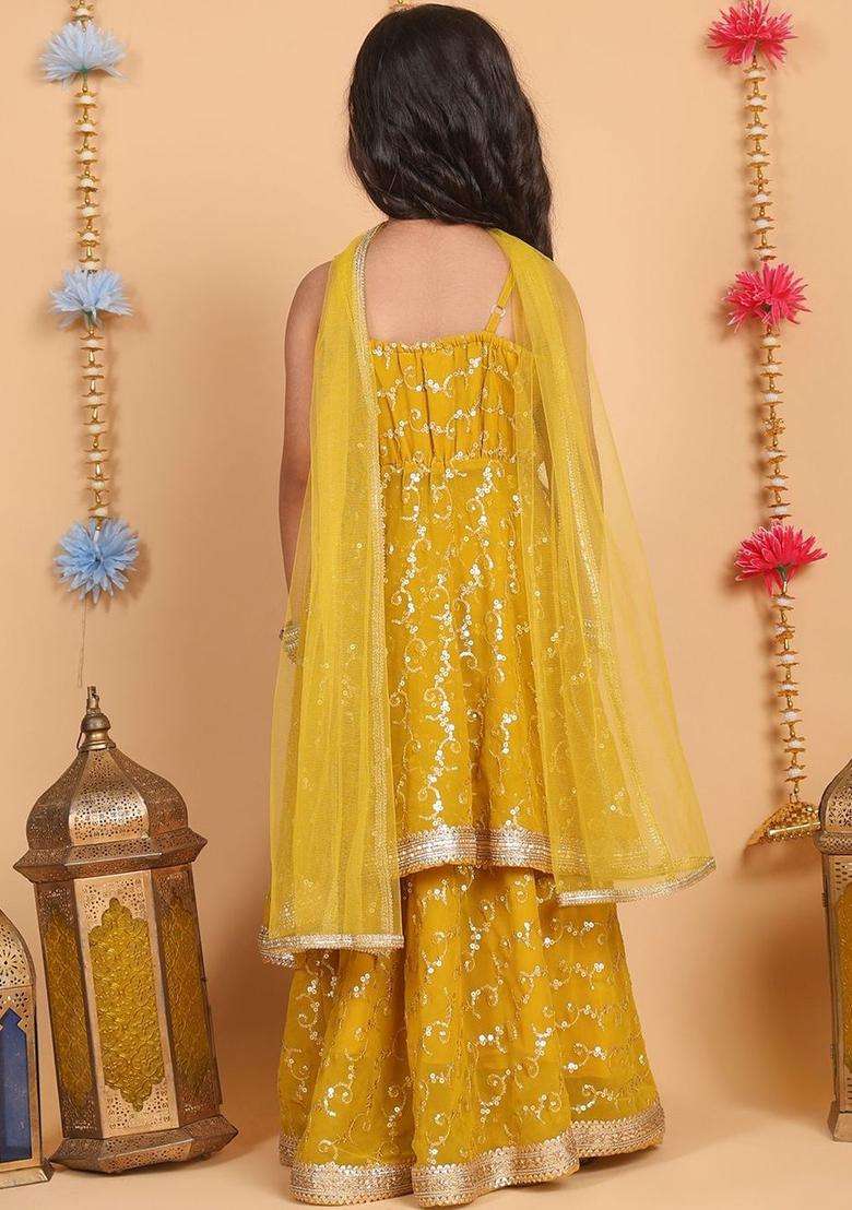 Yellow Embellished Net Lehenga Set For Girls - Indya