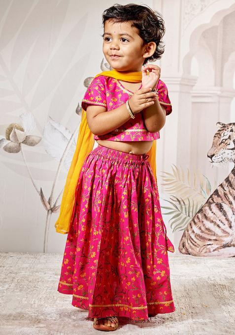 Pink Printed Cotton Lehenga Set For Girls — view on Indya