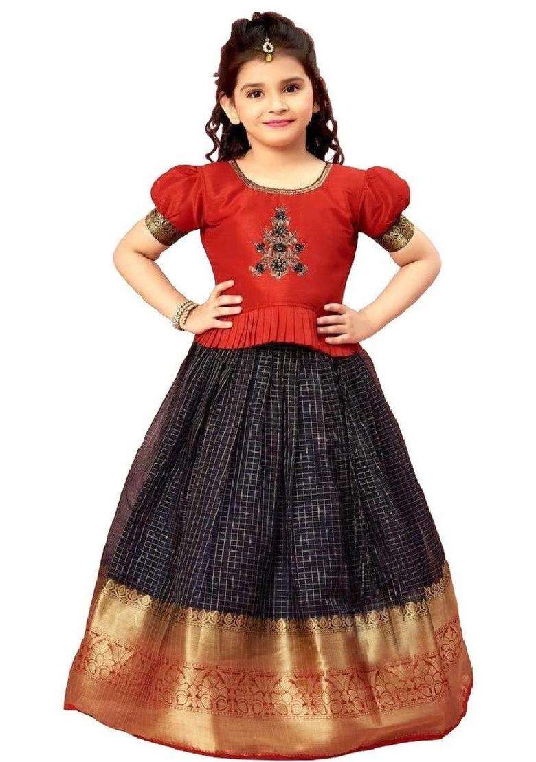 Red Embroidered Silk Lehenga Set For Girls - Indya