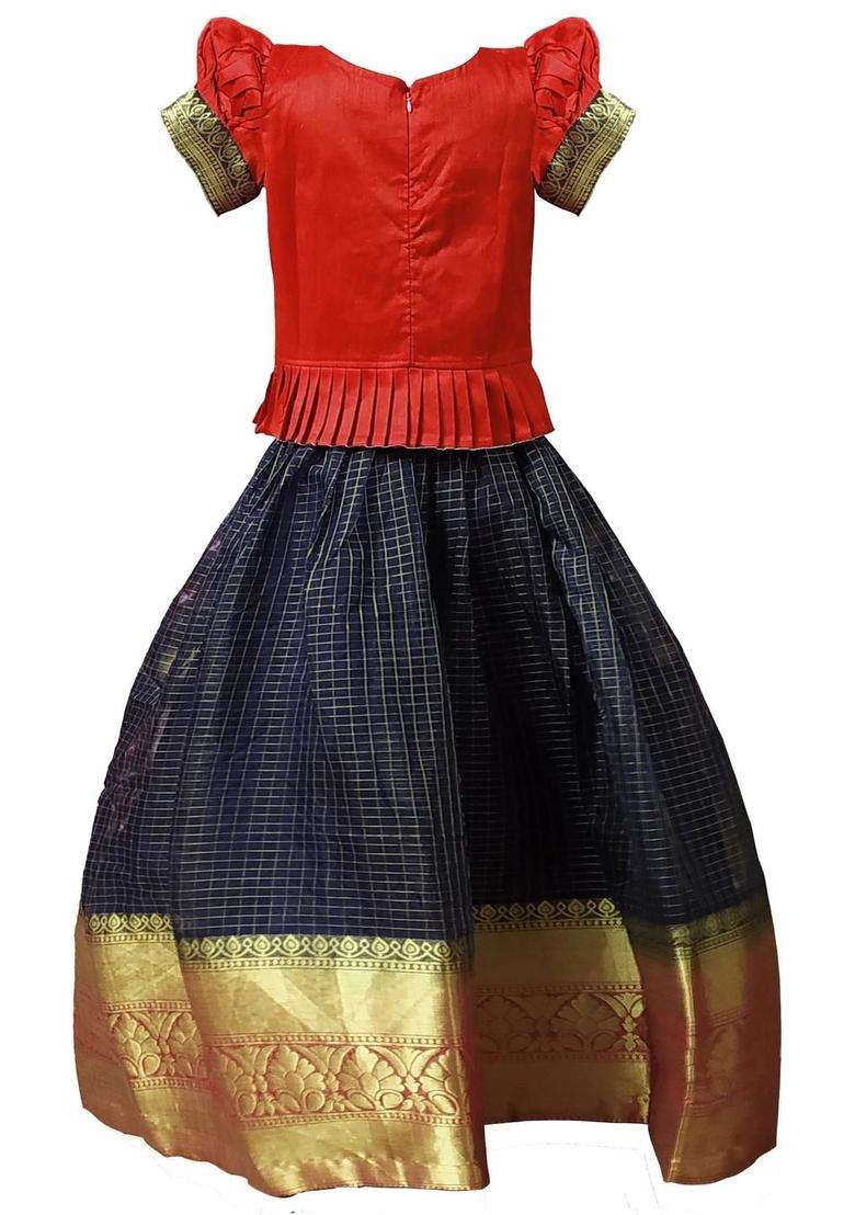 Red Embroidered Silk Lehenga Set For Girls - Indya