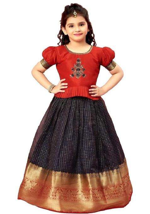 Red Embroidered Silk Lehenga Set For Girls