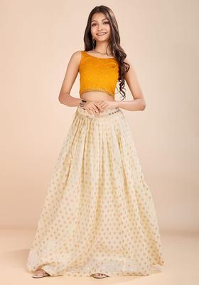 Yellow Embroidered Silk Lehenga Set For Girls