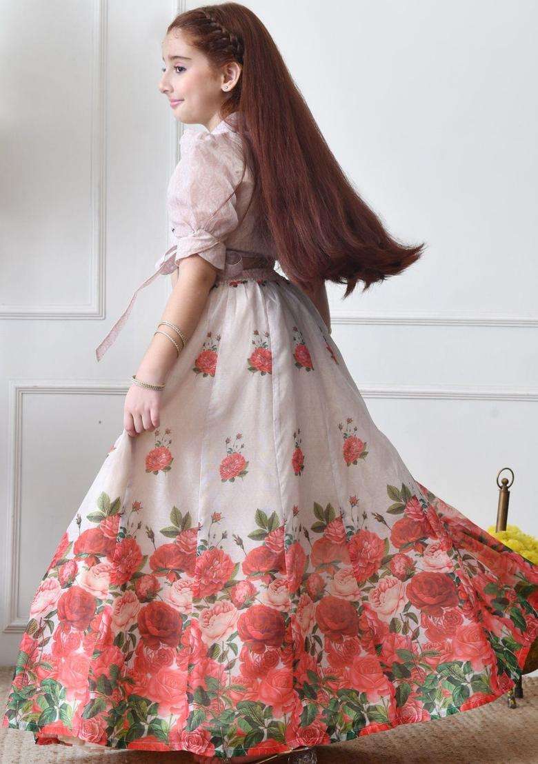 White Printed Organza Lehenga Set For Girls - Indya