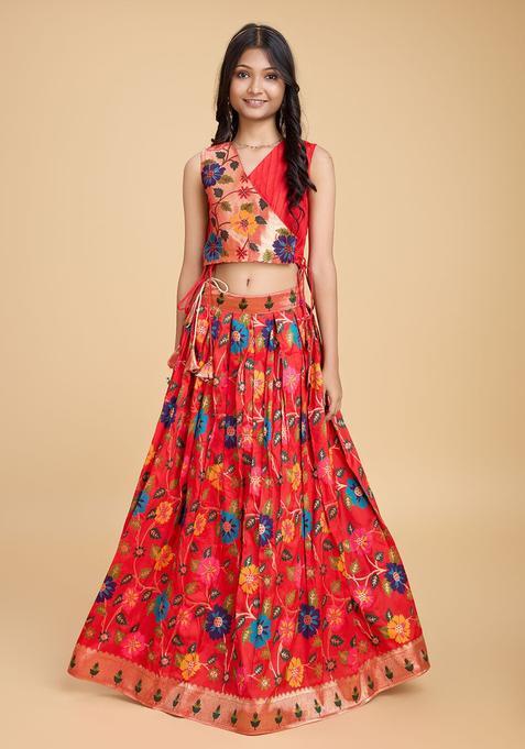Red Woven Design Silk Lehenga Set For Girls — view on Indya