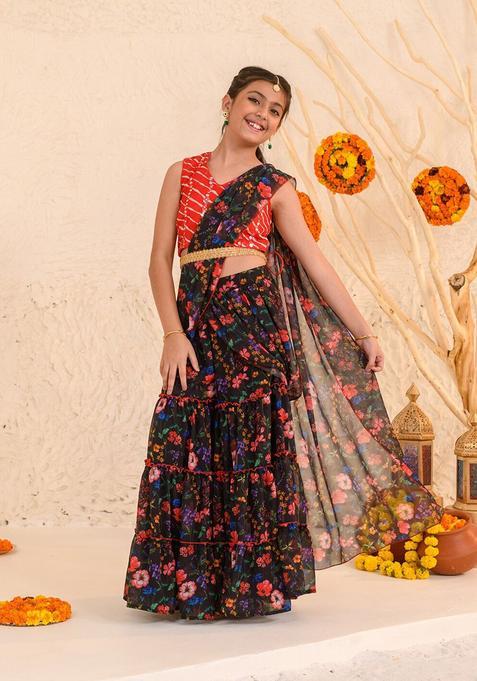 Black Printed Georgette Lehenga Set For Girls — view on Indya