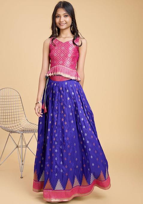 Pink Woven Design Silk Lehenga Set For Girls — view on Indya