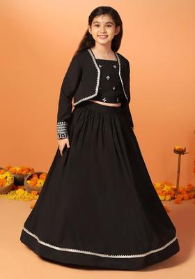 Black Embroidered Silk Lehenga Set For Girls