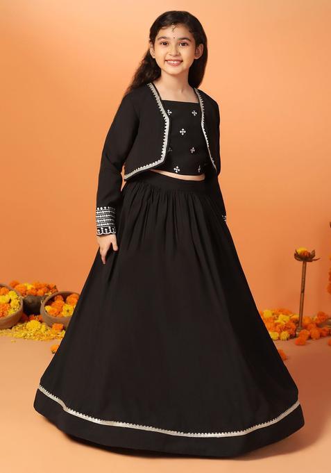 Black Embroidered Silk Lehenga Set For Girls — view on Indya