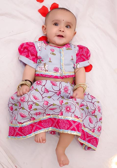 Blue Printed Cotton Lehenga Set For Girls — view on Indya
