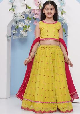 Green Embroidered Silk Lehenga Set For Girls