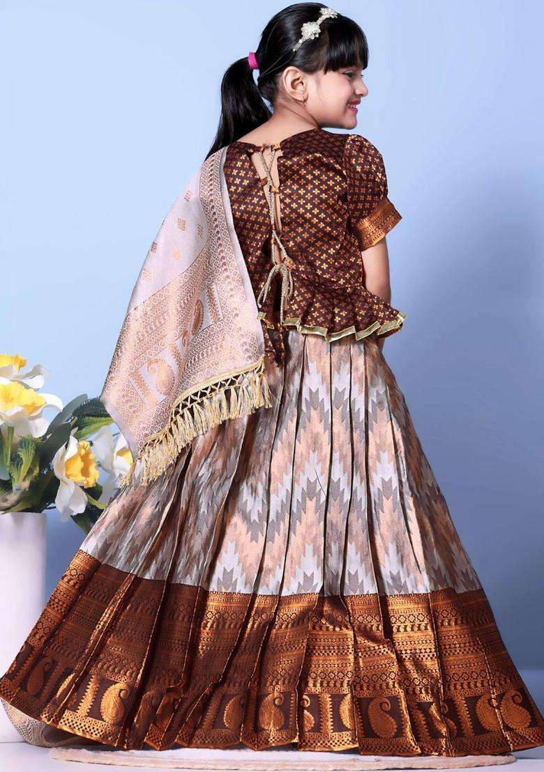 Brown Woven Design Silk Lehenga Set For Girls - Indya