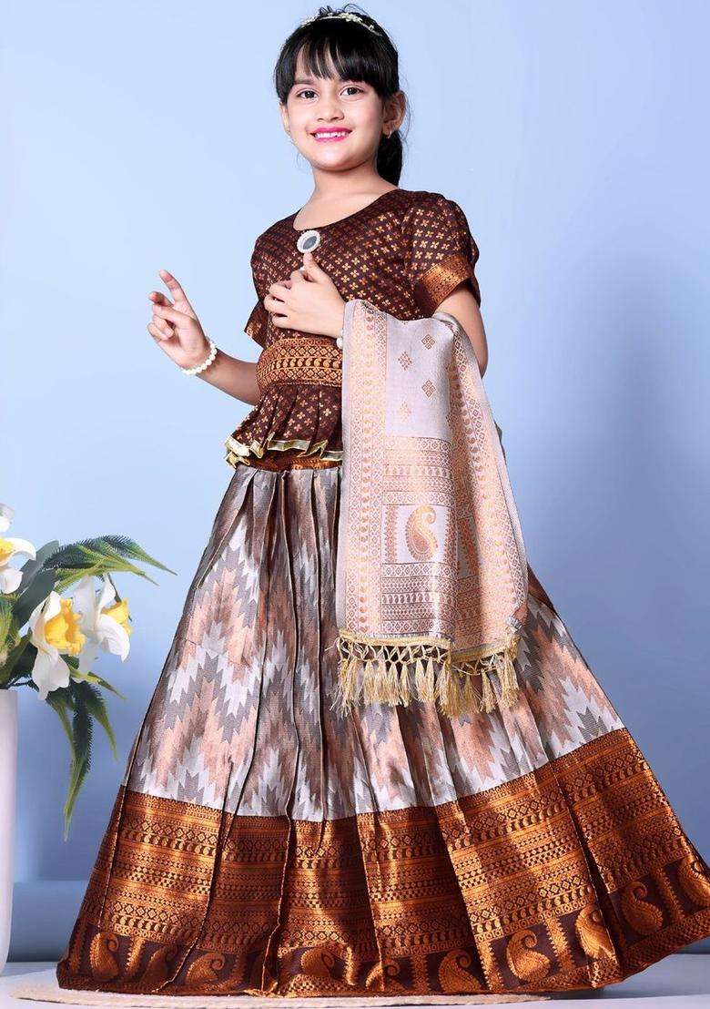 Brown Woven Design Silk Lehenga Set For Girls - Indya