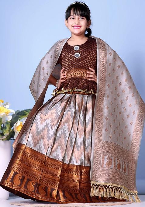 Brown Woven Design Silk Lehenga Set For Girls — view on Indya