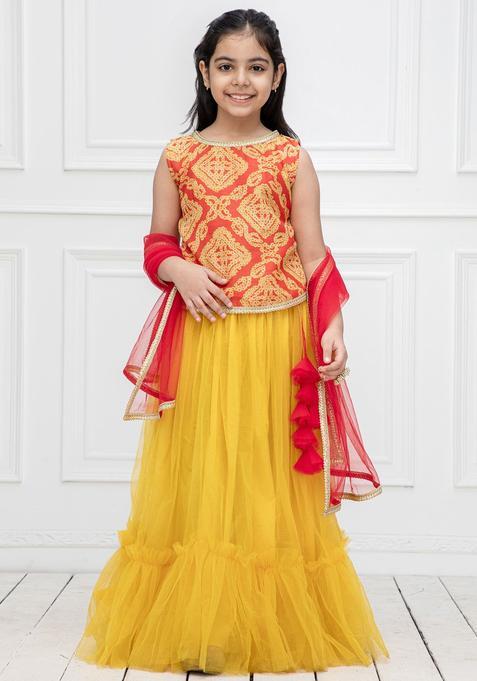 Yellow Embellished Net Lehenga Set For Girls — view on Indya