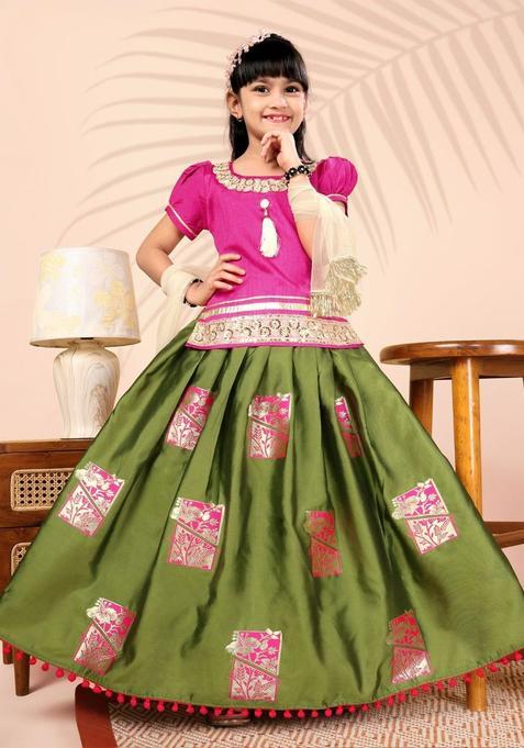 Green Embellished Silk Lehenga Set For Girls — view on Indya