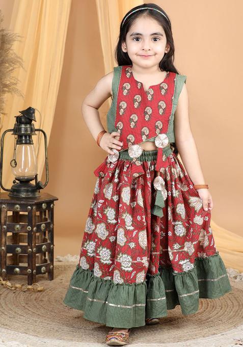 Red Printed Cotton Lehenga Set For Girls — view on Indya