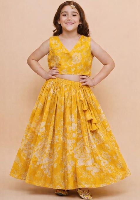 Yellow Floral Silk Lehenga Set For Girls — view on Indya