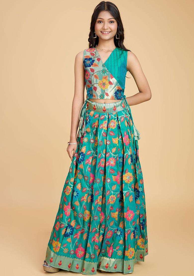 Blue Embellished Silk Lehenga Set For Girls - Indya
