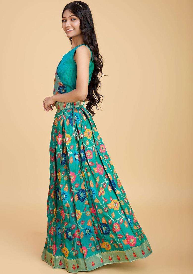Blue Embellished Silk Lehenga Set For Girls - Indya