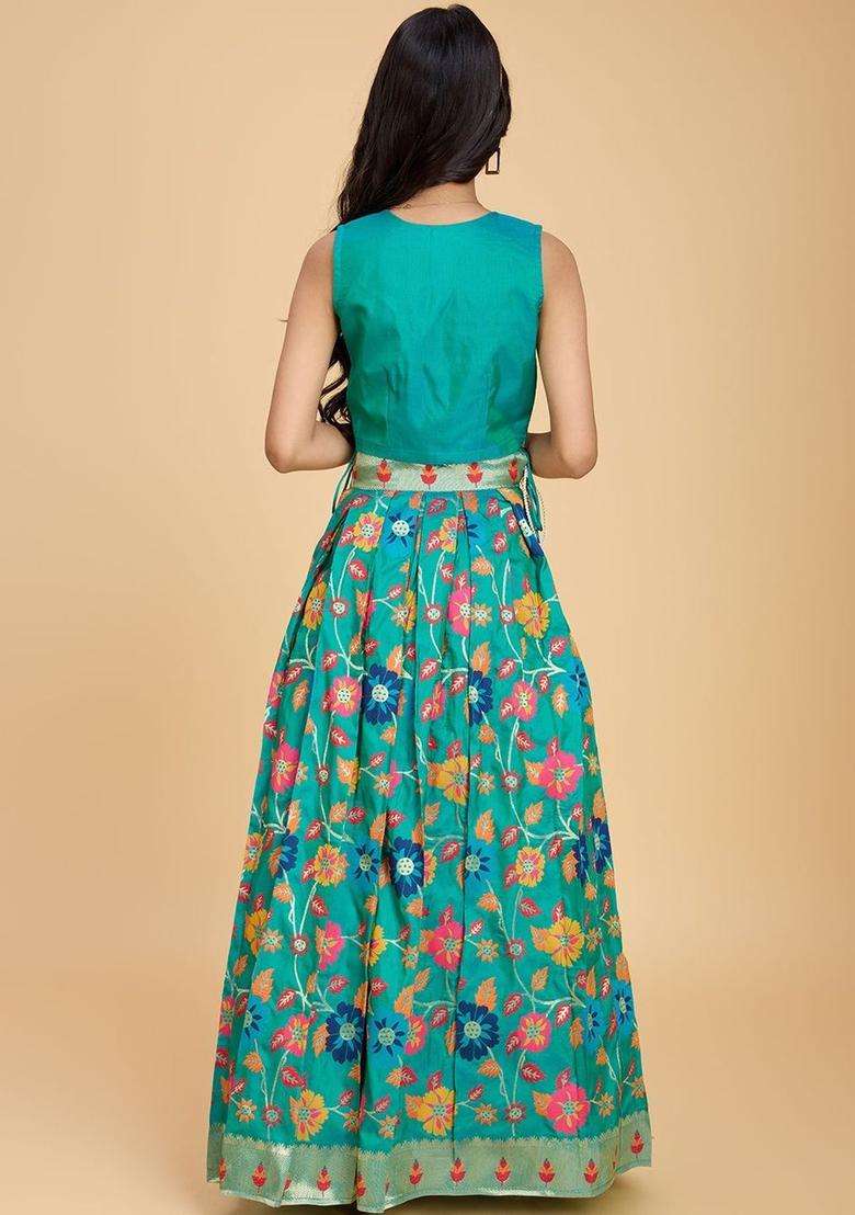 Blue Embellished Silk Lehenga Set For Girls - Indya