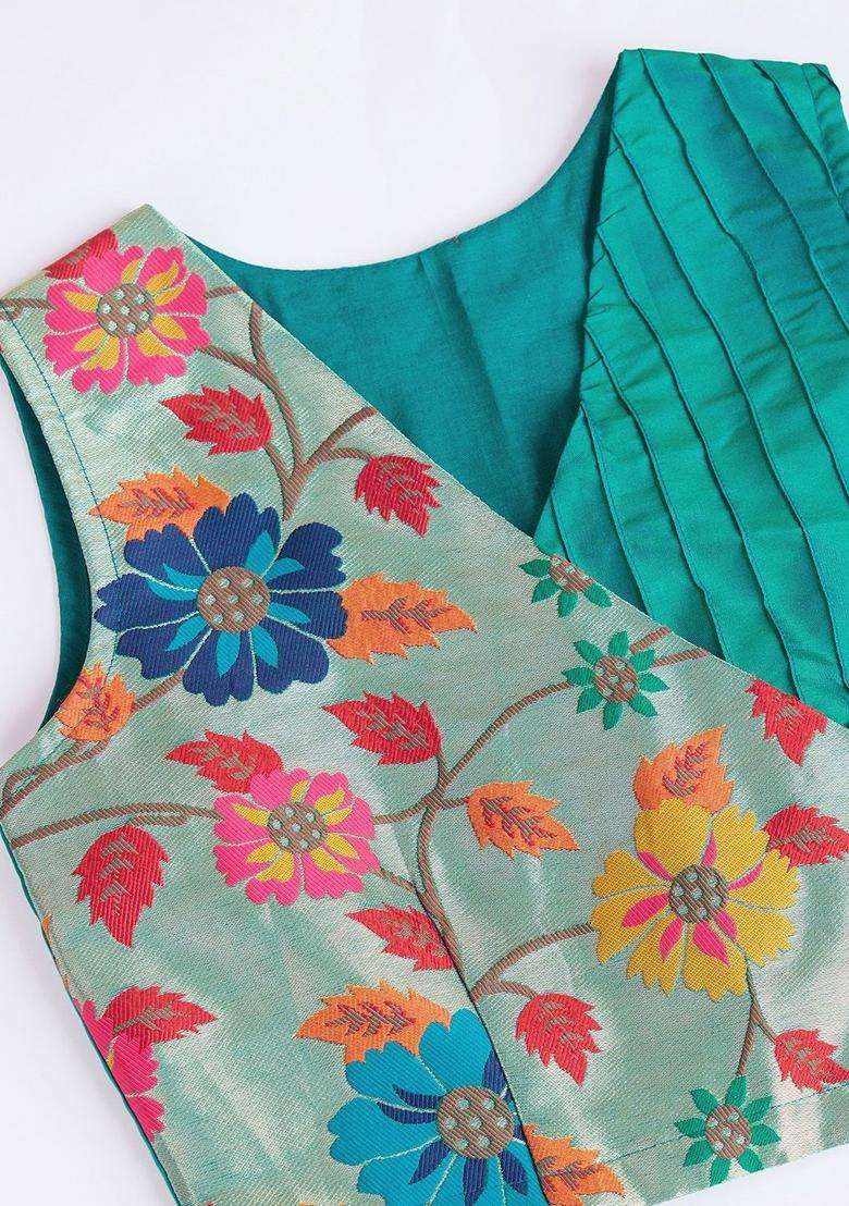 Blue Embellished Silk Lehenga Set For Girls - Indya