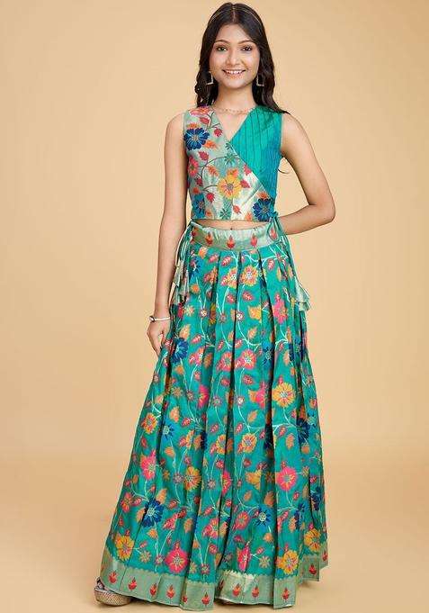 Blue Embellished Silk Lehenga Set For Girls