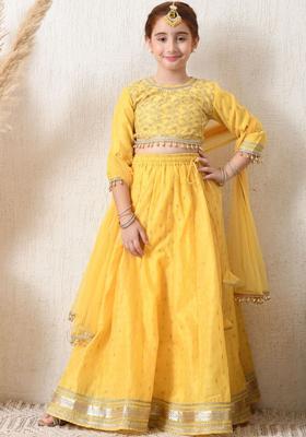 Yellow Embroidered Silk Lehenga Set For Girls