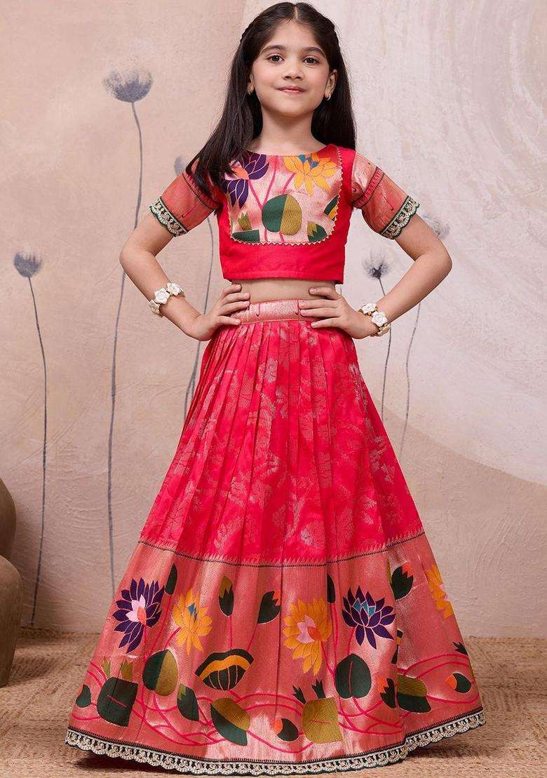 Red Embellished Silk Lehenga Set For Girls - Indya