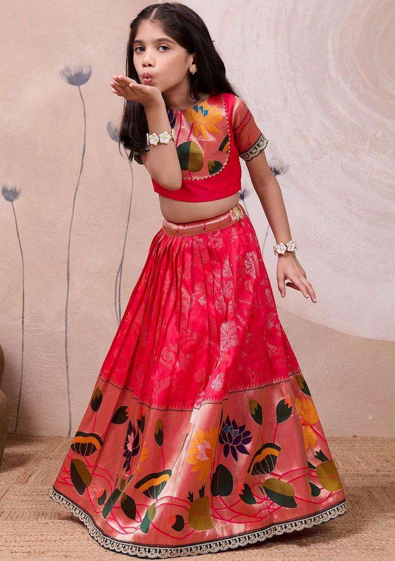 Red Embellished Silk Lehenga Set For Girls - Indya