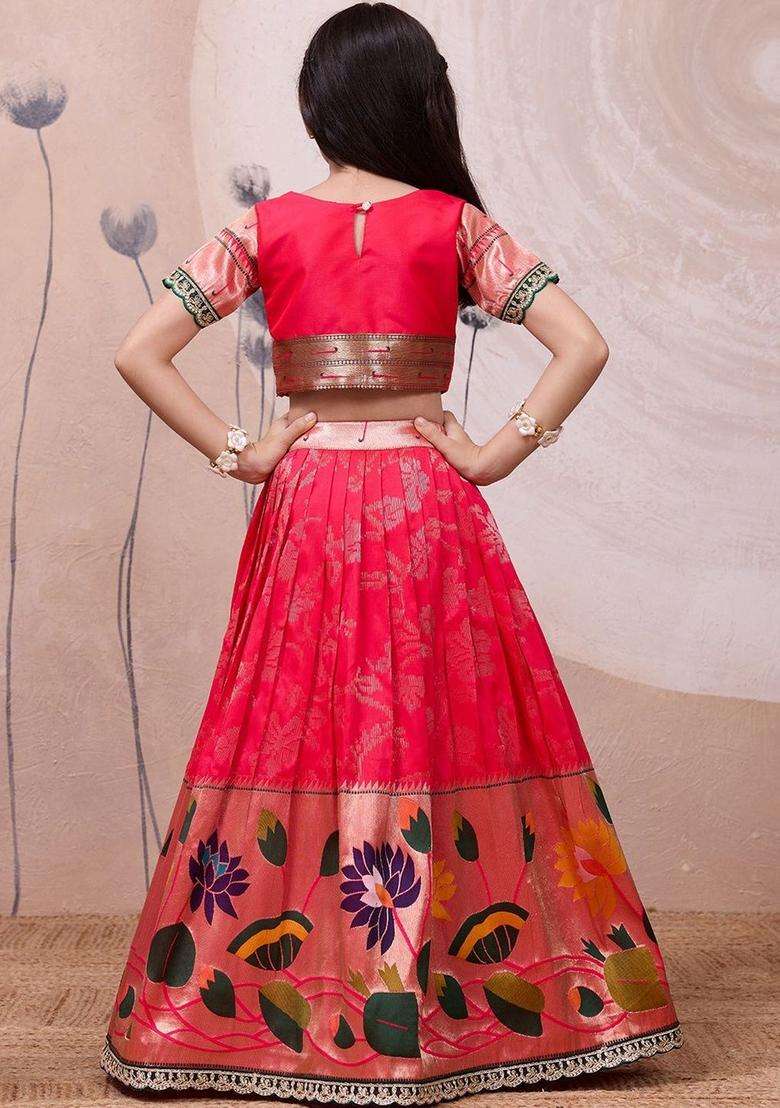 Red Embellished Silk Lehenga Set For Girls - Indya