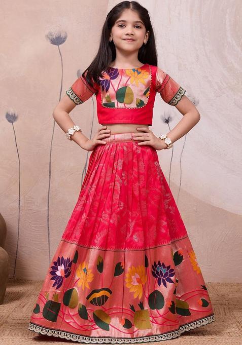 Red Embellished Silk Lehenga Set For Girls — view on Indya