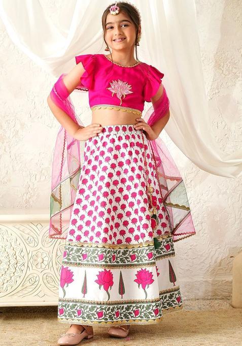 White Embroidered Cotton Lehenga Set For Girls — view on Indya