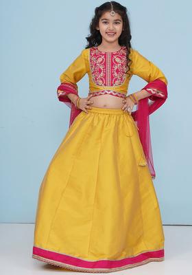 Yellow Embroidered Silk Lehenga Set For Girls