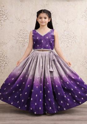 Purple Woven Design Silk Lehenga Set For Girls