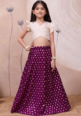 Purple Woven Design Silk Lehenga Set For Girls