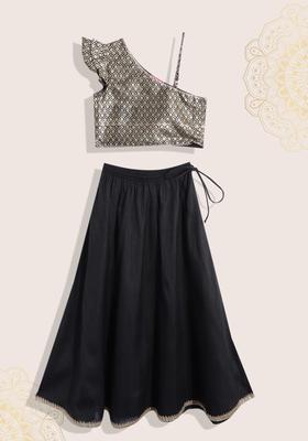 Black Printed Polyester Lehenga Set For Girls