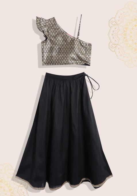 Black Printed Polyester Lehenga Set For Girls — view on Indya