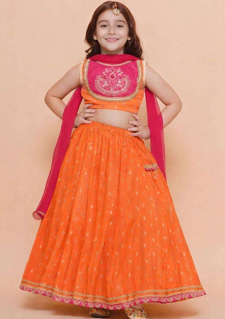 Orange Embroidered Georgette Lehenga Set For Girls - Indya