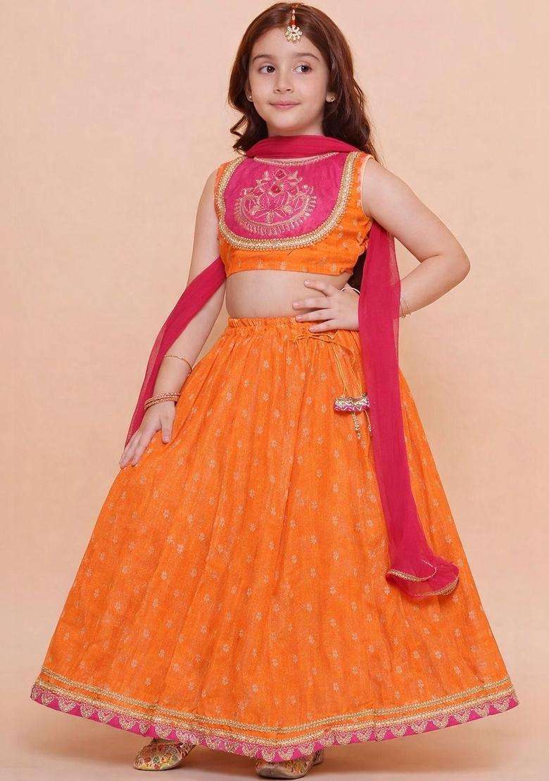 Orange Embroidered Georgette Lehenga Set For Girls - Indya
