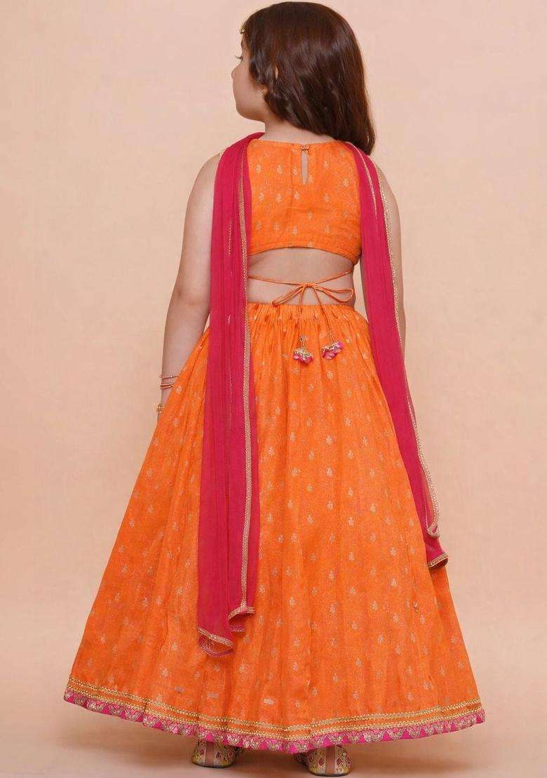 Orange Embroidered Georgette Lehenga Set For Girls - Indya