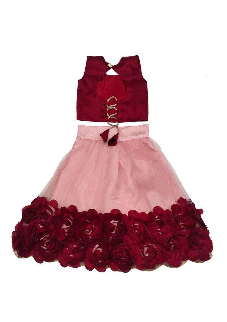 Coral Embroidered Net Lehenga Set For Girls - Indya