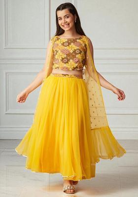 Yellow Printed Polyester Lehenga Set For Girls