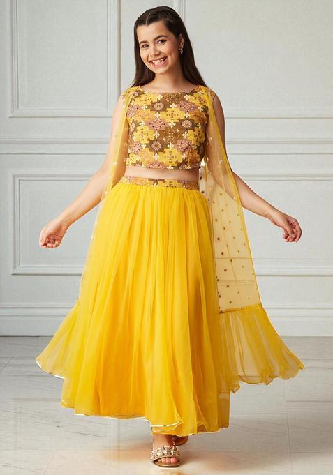 Yellow Printed Polyester Lehenga Set For Girls — view on Indya
